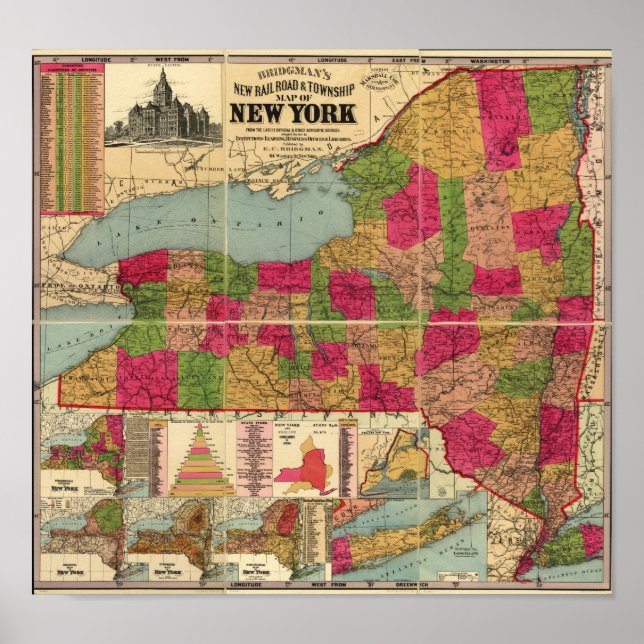 1896 Map of New York's Railroads and Townships Poster (Front)