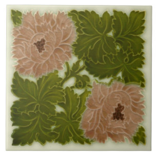 1896 Minton Peony Pink & Green Majolica Tile Repro