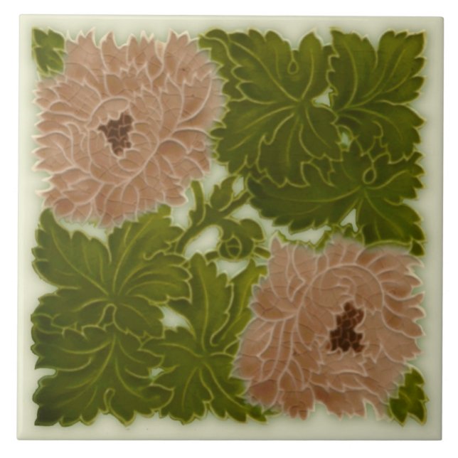 1896 Minton Peony Pink & Green Majolica Tile Repro (Front)