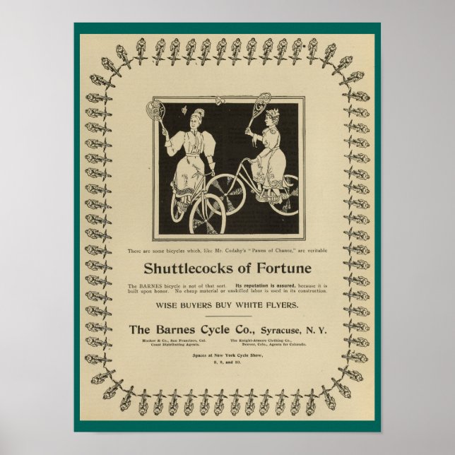 1896 Vintage Barnes Cycle Bicycles Ad Art Poster (Front)