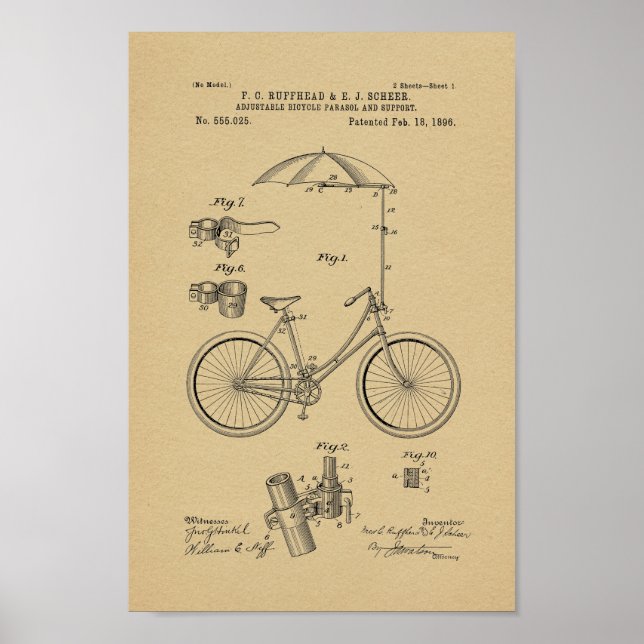 1896 Vintage Bicycle Umbrella Patent Art Print (Front)