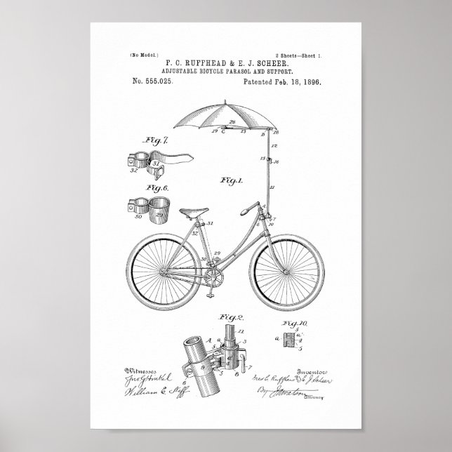 1896 Vintage Bicycle Umbrella Patent Print (Front)