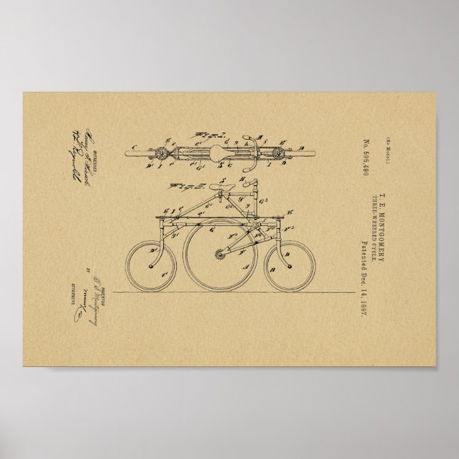 1897 Vintage Bicycle 3 Wheeled Patent Art Print (Front)