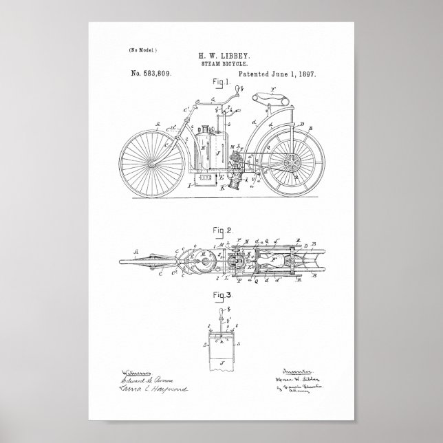 1897 Vintage Steam Bicycle Patent Art Print (Front)