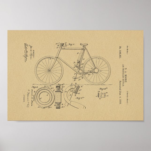 1898 Vintage Air Bicycle Patent Art Print (Front)