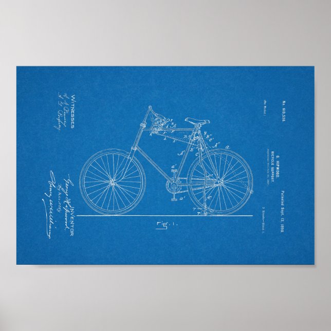 1898 Vintage Bicycle Patent Blueprint Art Print (Front)