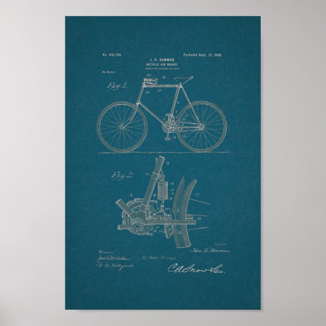 1898 Vintage Bicycle Patent Print Blueprint Art (Front)
