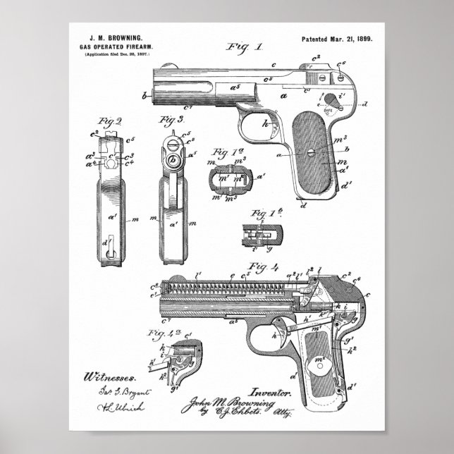 1899 Browning Gun Patent Art Drawing Print (Front)
