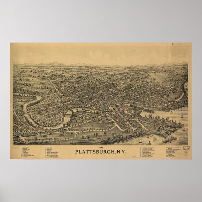 1899 Plattsburgh, NY Birds Eye View Panoramic Map Poster (Front)