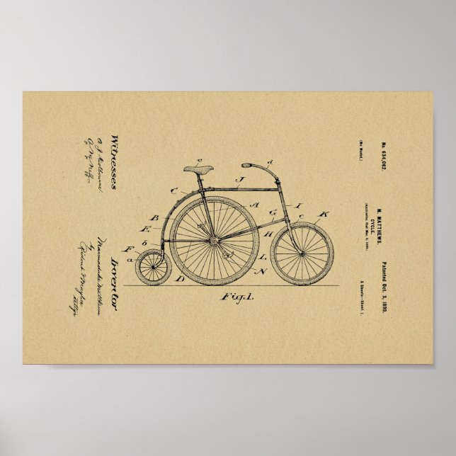 1899 Vintage Bicycle 3 Wheeled Patent Art Print (Front)