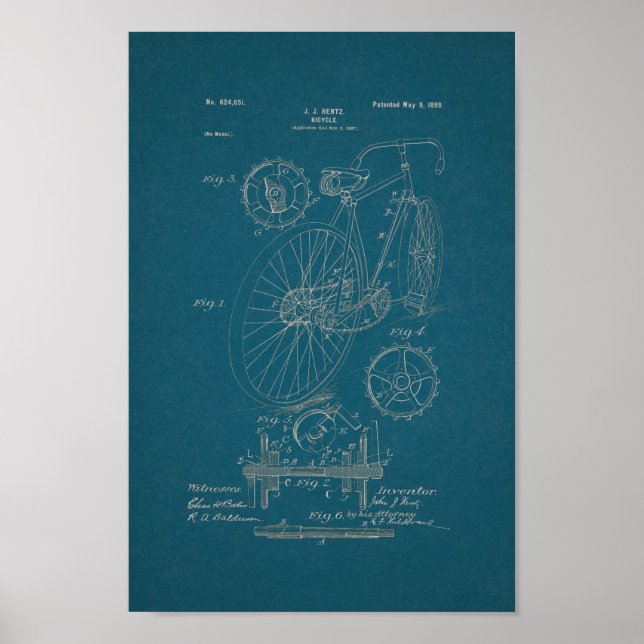 1899 Vintage Bicycle Patent Print Blueprint Art (Front)