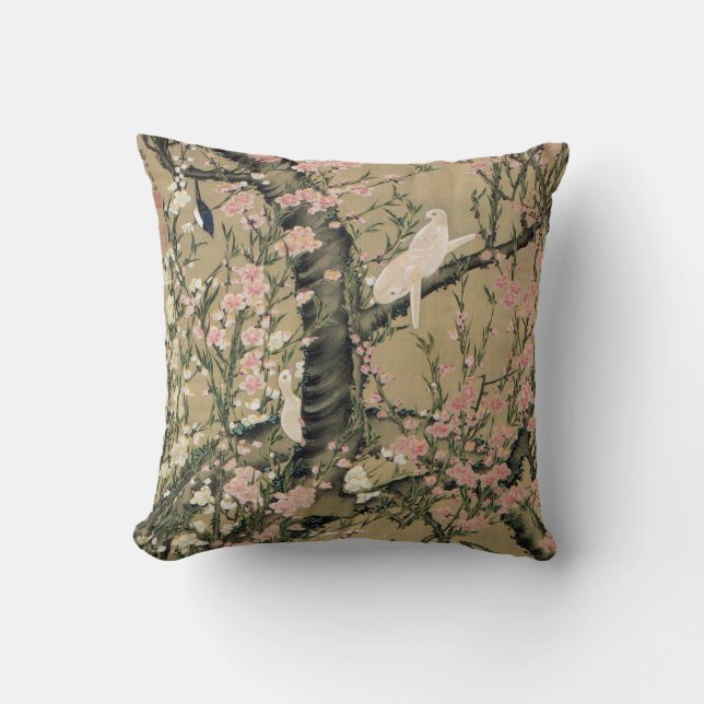 18.桃花小禽図, 若冲 Peach Blossoms & Small Birds, Jakuchū Throw Pillow (Front)