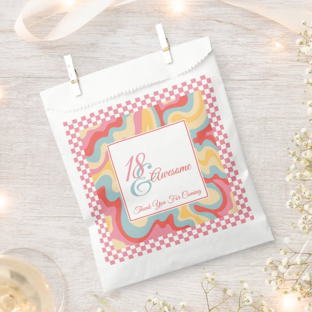 18 and Awesome Pink Groovy Check Birthday  Favour Bag (Clipped)