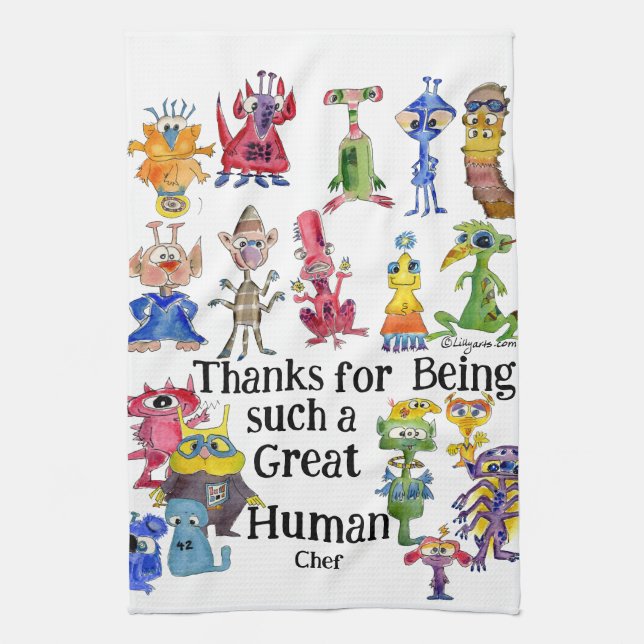 18 Funny Cartoon Aliens Express Thanks Kitchen Towel (Vertical)