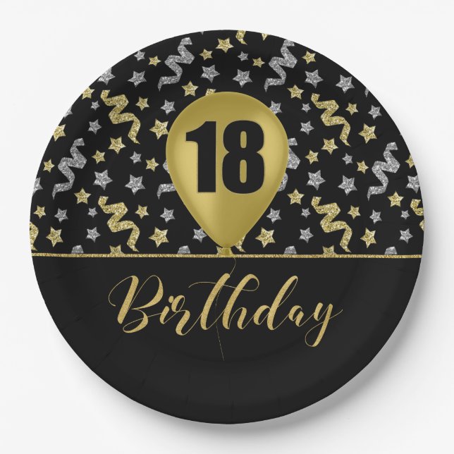 18 Gold Birthday Ballon on Black Gold Confetti Paper Plate (Front)