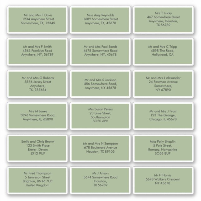 18 Individual Guest Names Addresses Sage Green (Front)
