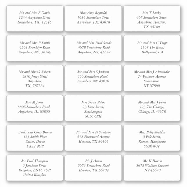 18 Individual Name Address Wedding Guest Italic (Front)
