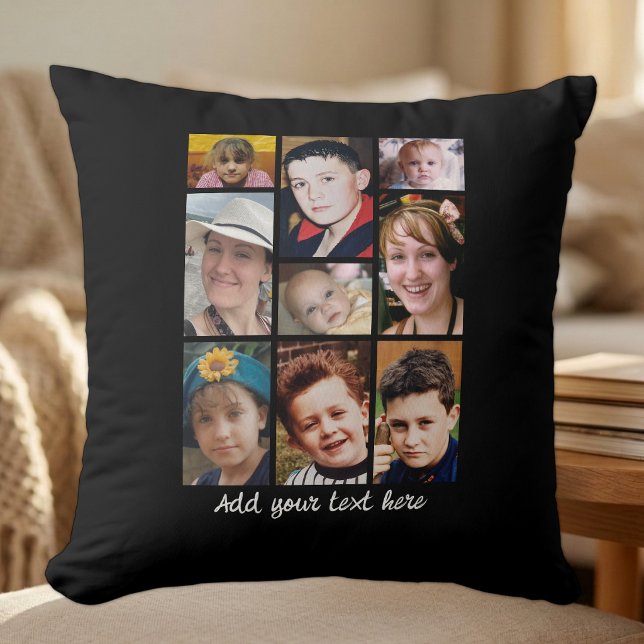 18 photo collage add text black throw pillow (Creator Uploaded)