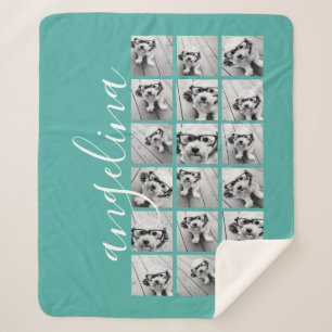 18 Photo Collage - CAN EDIT teal white script Sherpa Blanket