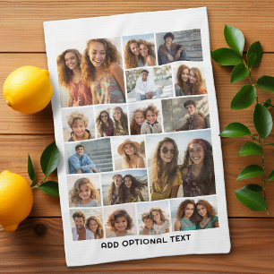 18 Photo Collage - Custom Text - Black and White Kitchen Towel