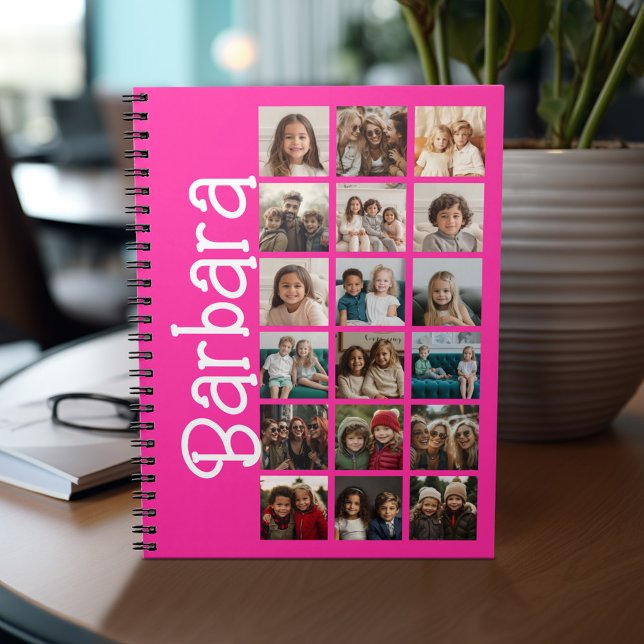 18 Photo Collage - Large Custom Name - Hot Pink Notebook (Personalized notebook with photos and text)