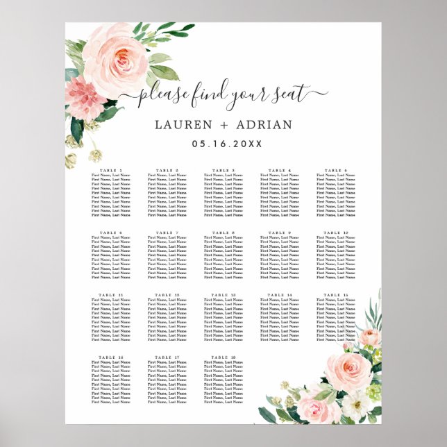 18 Table Blush Pink Bloom Wedding Seating Chart  (Front)