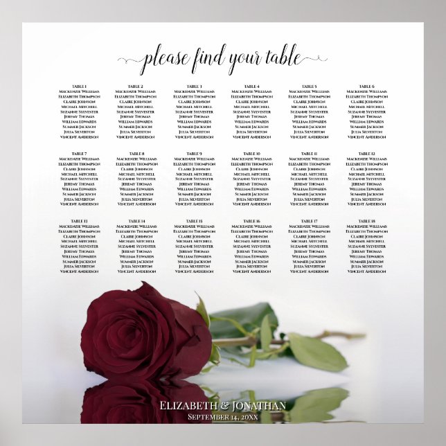 18 Table Burgundy Red Rose Wedding Seating Chart (Front)