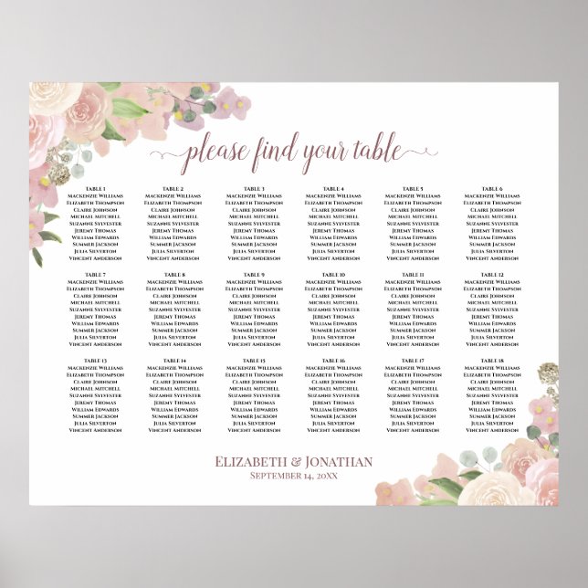 18 Table Elegant Pink Floral Wedding Seating Chart (Front)