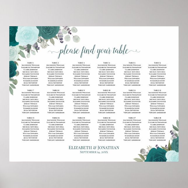 18 Table Elegant Teal Roses Wedding Seating Chart (Front)