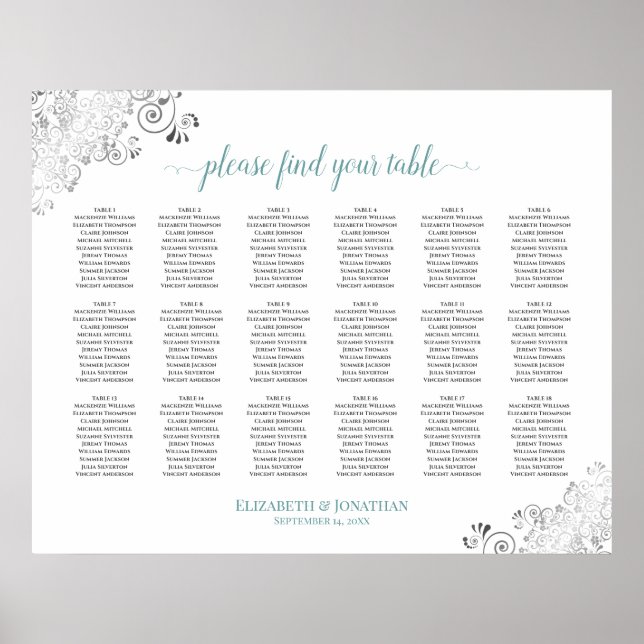18 Table Frilly White Wedding Seating Chart Teal (Front)