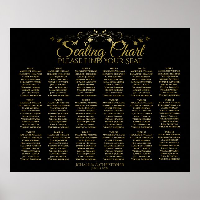18 Table Gold & Black Simple Wedding Seating Chart (Front)