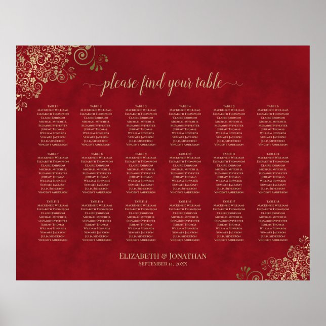 18 Table Gold Frills on Red Wedding Seating Chart (Front)