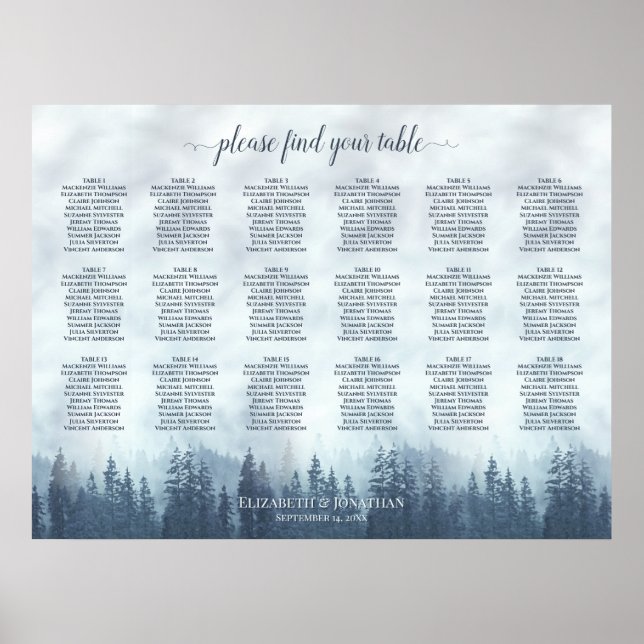 18 Table Misty Blue Pines Wedding Seating Chart (Front)