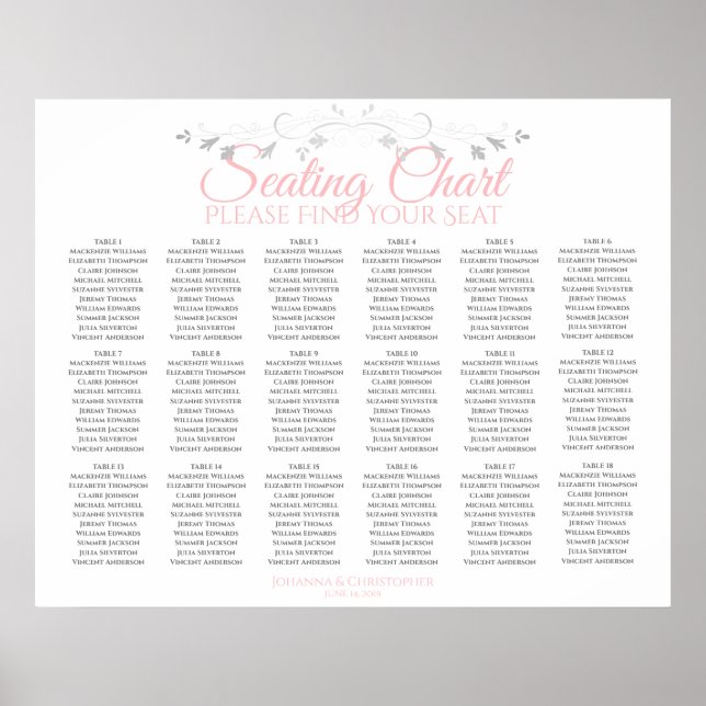 18 Table Pink & Grey Wedding Seating Chart (Front)
