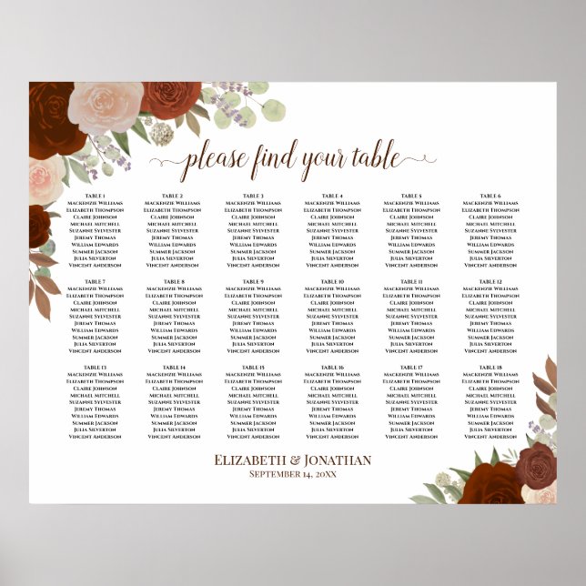 18 Table Rustic Autumn Roses Wedding Seating Chart (Front)