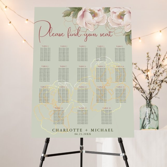 18 Table Sage & Blush Floral Wedding Seating Chart (Creator Uploaded)