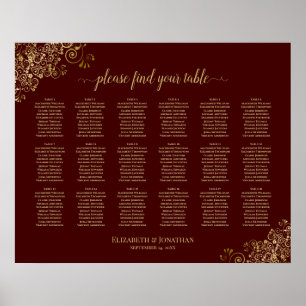 18 Table Wedding Seating Chart Burgundy Lacy Gold