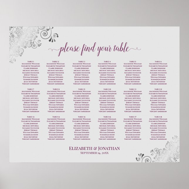18 Table Wedding Seating Chart Cassis on Grey (Front)