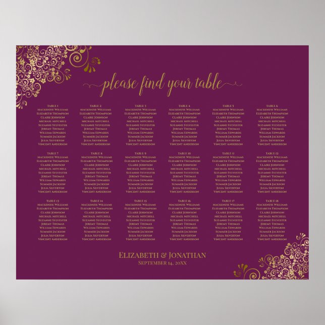 18 Table Wedding Seating Chart Cassis Purple Gold (Front)