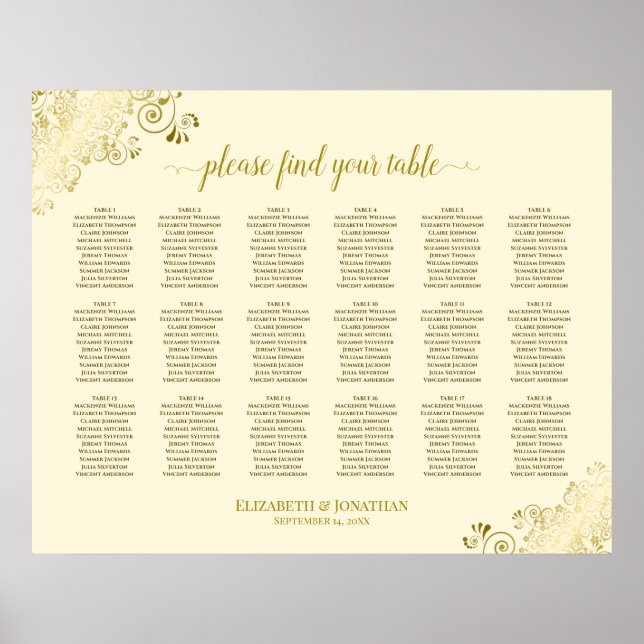 18 Table Wedding Seating Chart Cream & Gold Frills (Front)