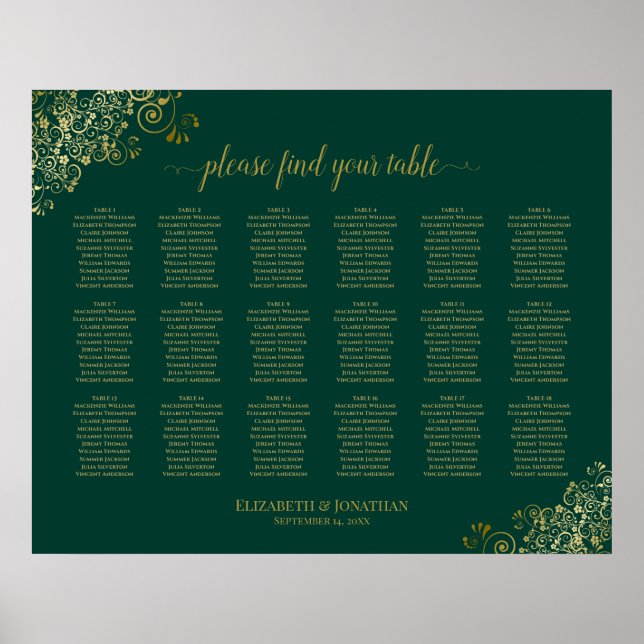 18 Table Wedding Seating Chart Emerald Green Gold (Front)