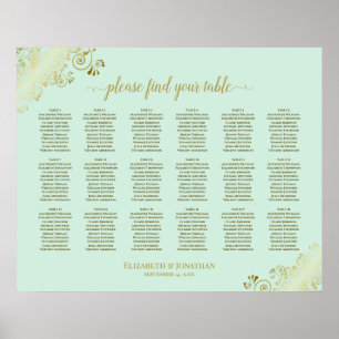 18 Table Wedding Seating Chart Mint Green & Gold