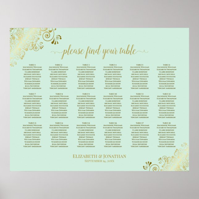 18 Table Wedding Seating Chart Mint Green & Gold (Front)