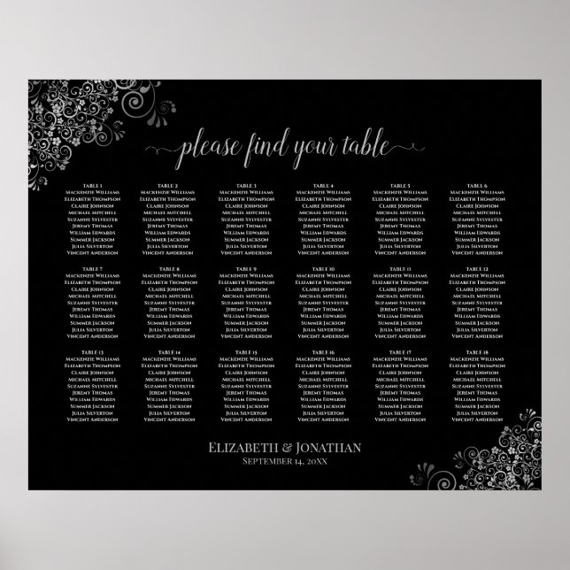 18 Table Wedding Seating Chart Silver Frills Black (Front)