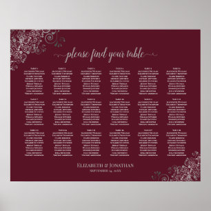18 Table Wedding Seating Chart Silver on Burgundy