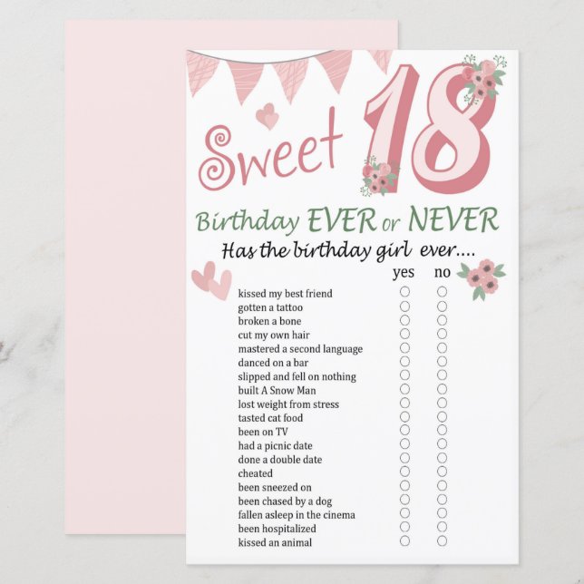 18 th Birthday Ever or Never Game (Front/Back)
