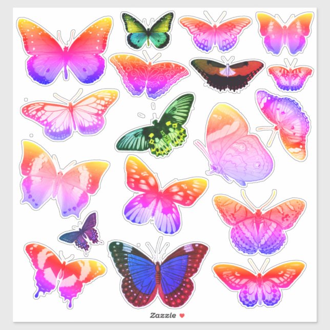 18 Vintage Art Butterflies, Rainbow, Purple, Green (Sheet)