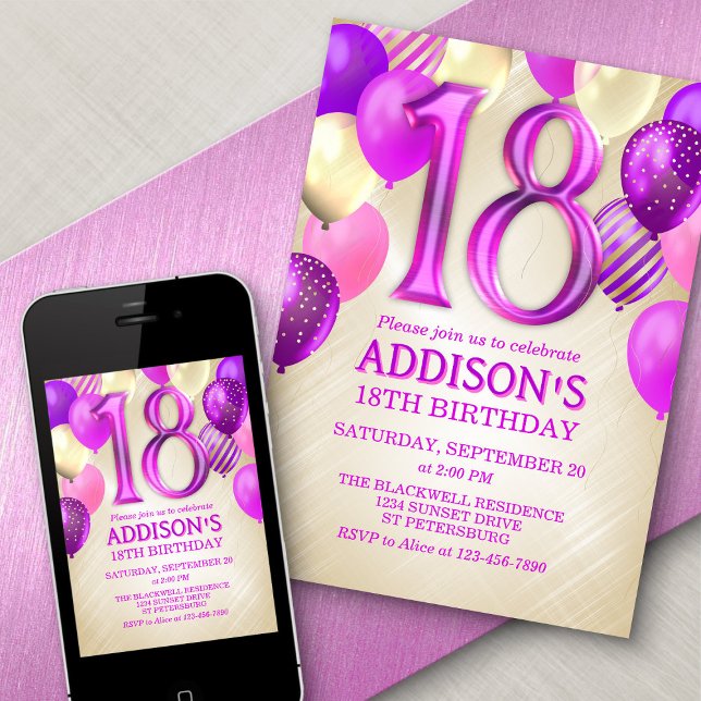 18e anniversaire Ballons roses Invitation (Créateur téléchargé)