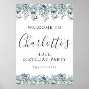18e anniversaire Blue Floral Affiche de bienvenue