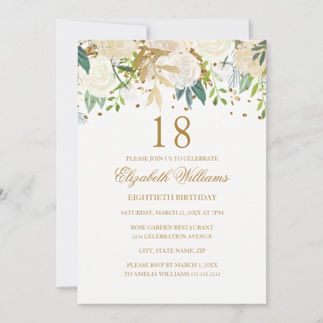 18e anniversaire Elégant or Floral Invitation (Devant)